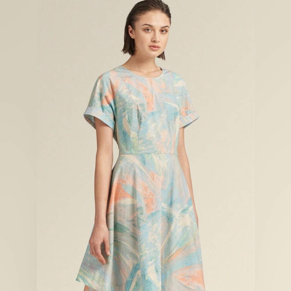 DONNA KARAN “Summer Cools” Abstract High-Low A-Line Dress Size 0, Retail $138